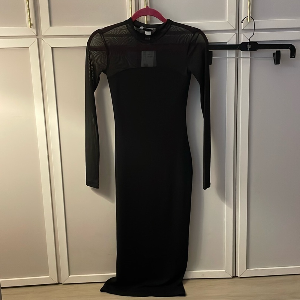H&M Black Mesh and Polyester Long Sleeve Long Dress Size XS